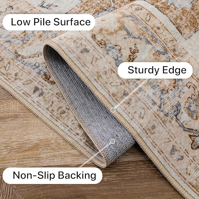 GENIMO 6x9 Area Rugs for Living Room, Non Slip Machine Washable Retro Rugs, Low Pile Chenille Print Rug for Bedroom, Dining Room, Home Office, Orange