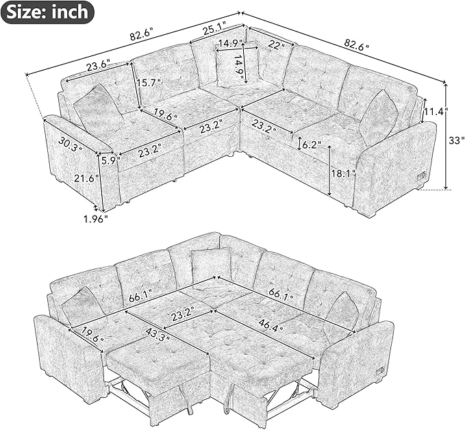 82" Convertible Sleeper Sofa with Pull-Out Bed,L-Shape Chaise Couch W/USB Ports & Power Sockets,Space Saving,Easy Assembly,Modern Corner Reversible Furniture Set for Living Room,Khaki Velvet