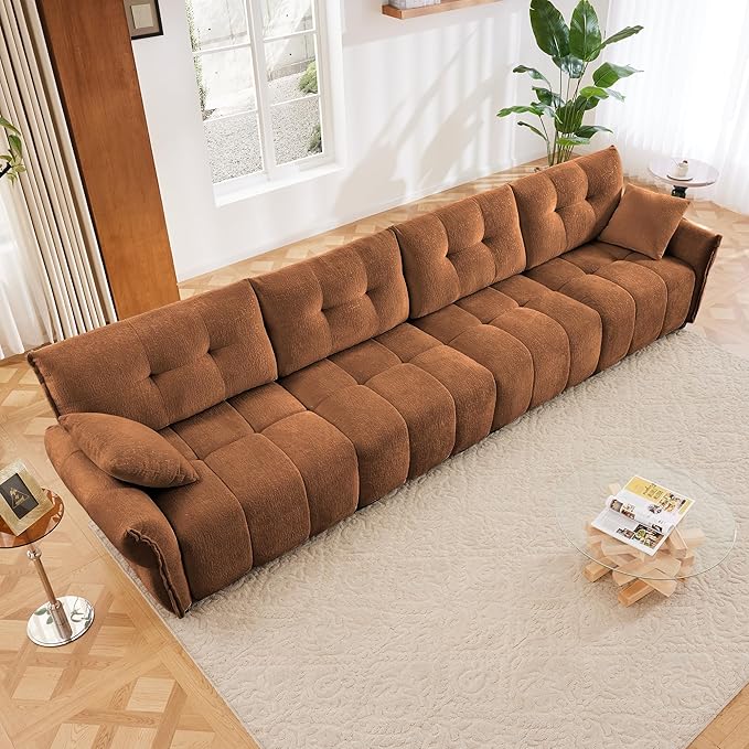 Modern Chenille Fabric 4-Seat Sofa w/ 2 Pillows, Premium Upholstery Living Room Couch with Tufted Backrest & Comfortable Armrests and High-Resilience Memory Foam Cushions,Orange