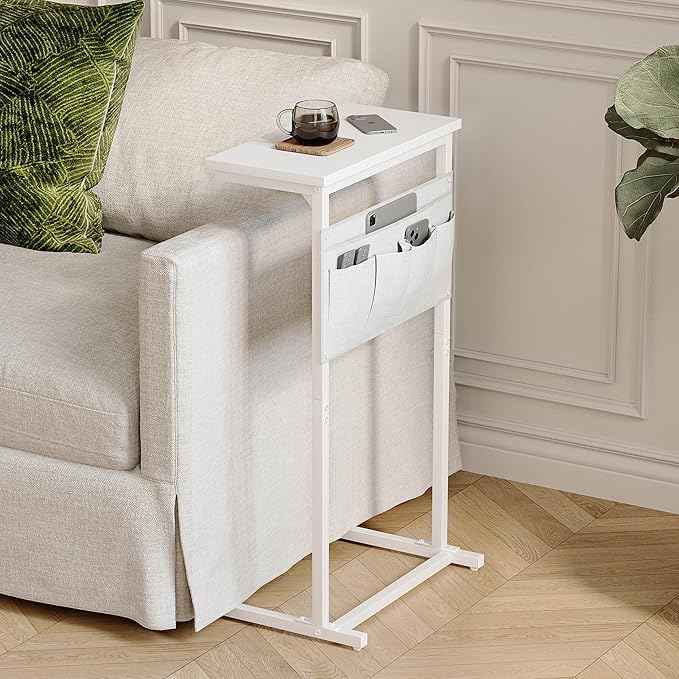 C Shaped End Table, Side Table for Sofa, Small TV Tray, Couch Table with Storage Bag for Small Space, Living Room, Bedroom, Home Office LET501W (White)