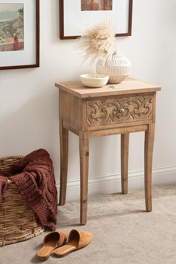 Kate and Laurel Cassetta Soft Rustic Rectangle Side Table; 19 x 14 x 28; Hazelnut; Wooden Living Room End Table with Useful Pull Drawer for Storage