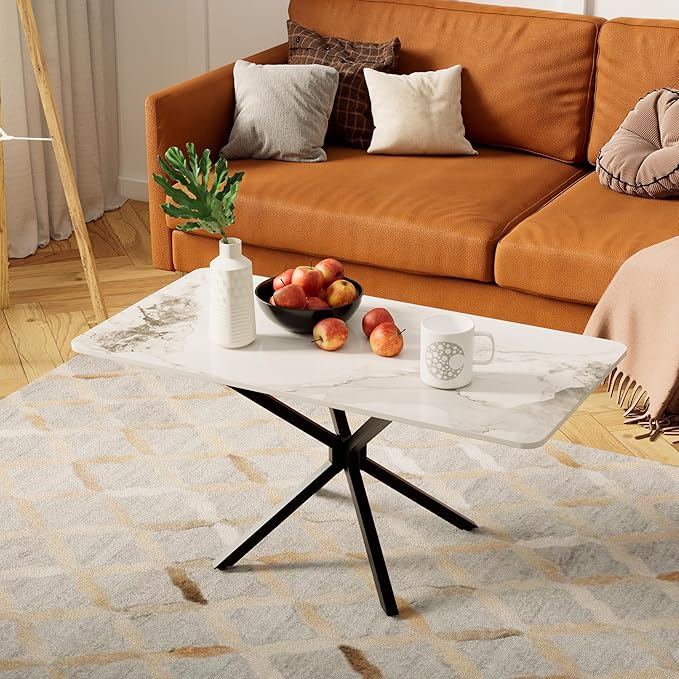 White Marble Coffee Table Modern Rectangular 40 Inch Living Room Table with Black Metal Legs Simple Stylish Center Table for Living Room Office
