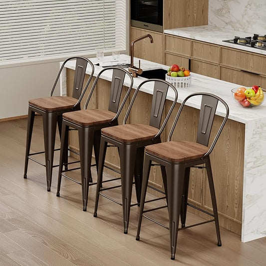 Changjie Furniture 26 Inches Metal Barstools Set of 4 Counter Height Bar Stools Industrial Stools with Backs High Back Chairs for Kitchen Island (26 Inch, Rusty)
