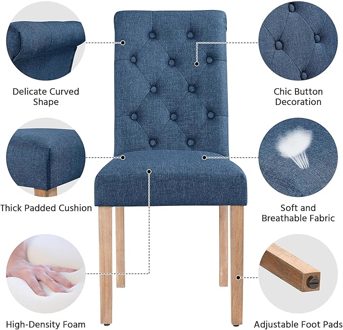 Yaheetech Dining Chairs Set of 4 Fabric Upholstered Dining Room Chairs with Button Tufted High Back and Solid Wood Legs for Kitchen/Living Room/Restaurant, Modern Style, Blue