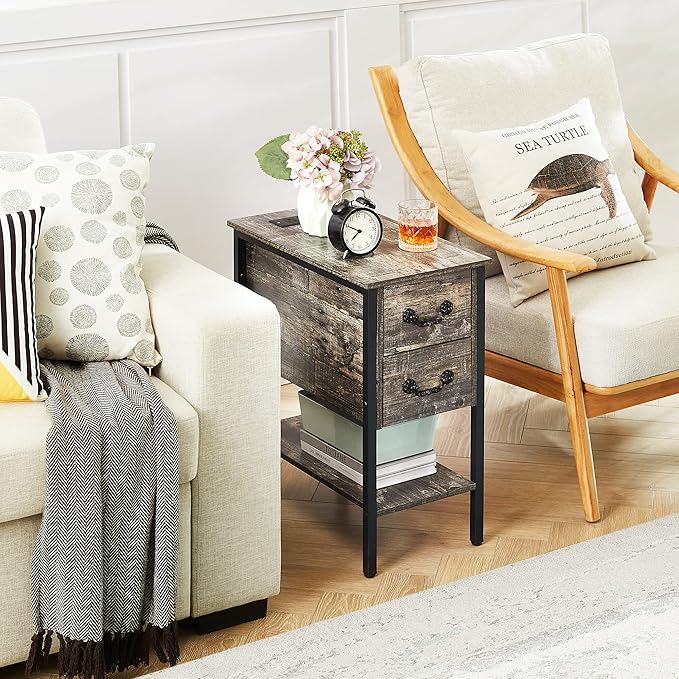 VECELO End Tables,Narrow Nightstands with Charging Station & USB Ports &Drawers,Night Stand for Living Room, Bedroom,Graylish