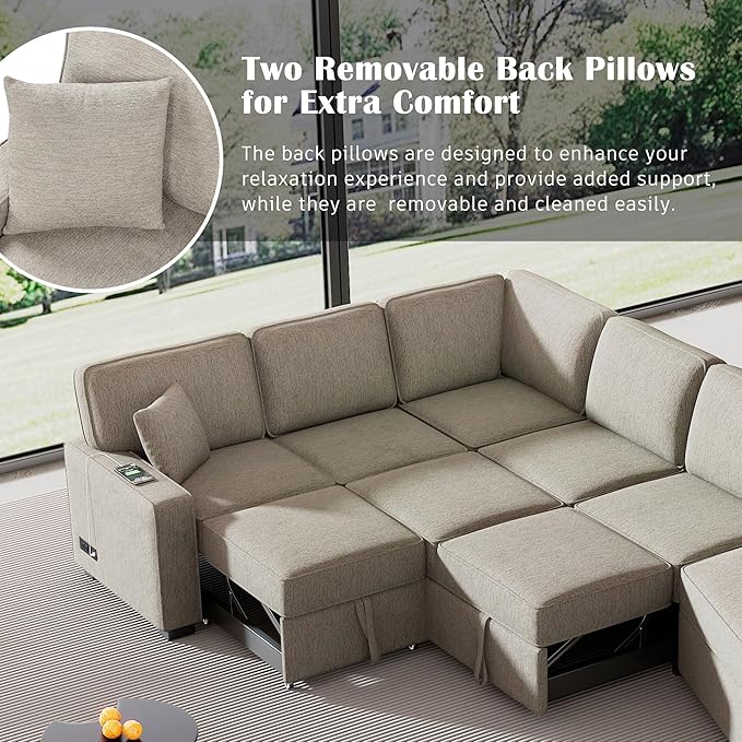 126" Extra Large Pull-Out Sofa Bed with Drop-Down Cup Holder Tables,L-Shaped Sectional Cozy Couch W/Charging Device,Convenient Sleeper Furniture Set for LivingRoom Apartment,Black Chenille