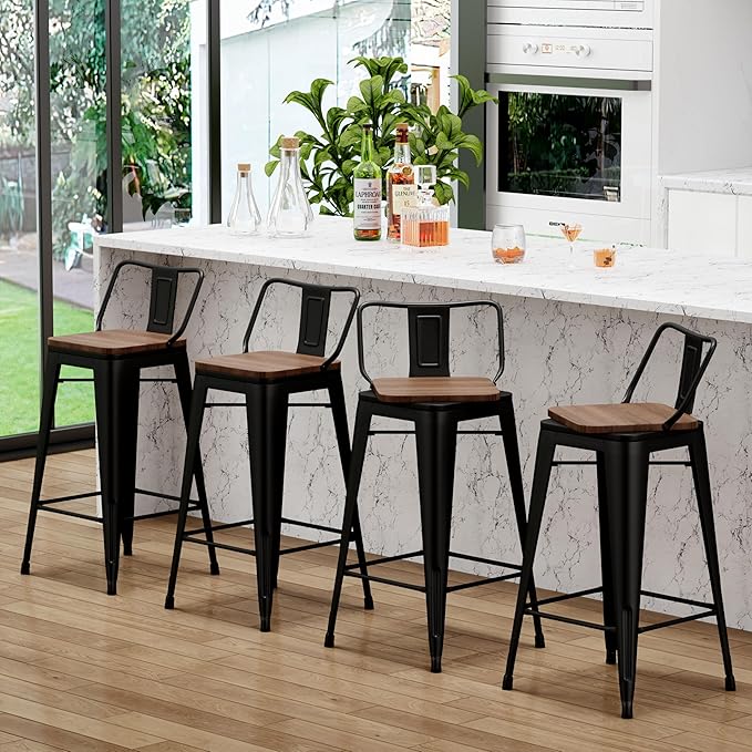 30 Inch Swivel Bar Stools Set of 2 with Backs Counter Height Industrial Metal Barstools Island Bar Chairs for Home Kitchen Dining Room (Swivel 30 inch,Matte Black Wooden)