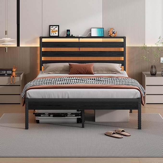 14 Inch Classic Metal Platform Bed Frame-Queen Bed Frame with Headboard,Steel Slats Support-LED Bed Frame with USB Charging Station,Under Bed Storage,No Box Spring Needed,Noise Free