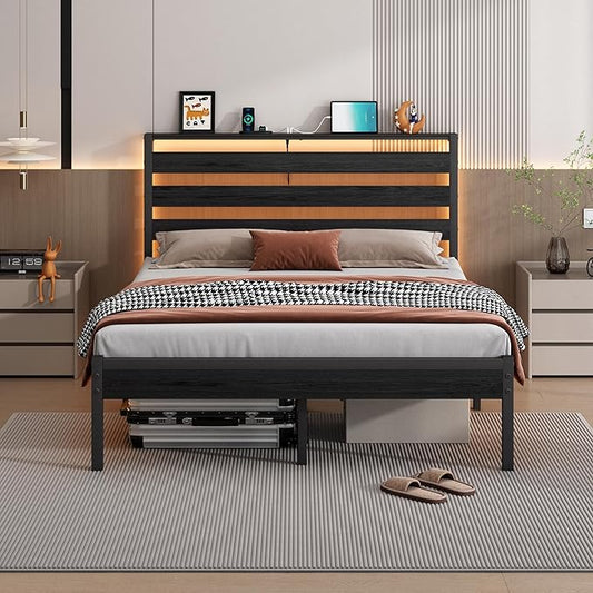 14 Inch Classic Metal Platform Bed Frame-Queen Bed Frame with Headboard,Steel Slats Support-LED Bed Frame with USB Charging Station,Under Bed Storage,No Box Spring Needed,Noise Free