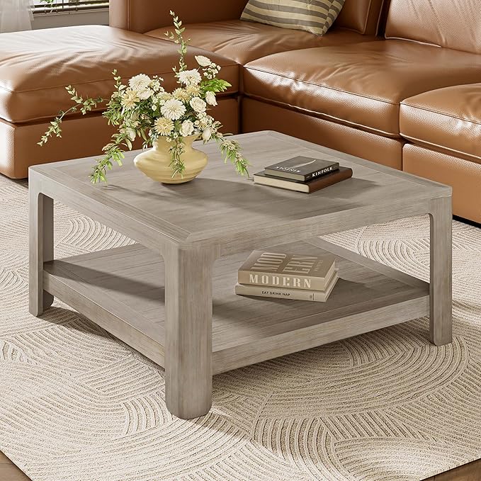 Christopher Knight Home Doran Small Coffee Table with Storage, Modern MDF Square Side Table, Multifunctional Accent Table with Spacious 2-tier Design, Semi-open Design Indoor Furniture, Light Grey Ash
