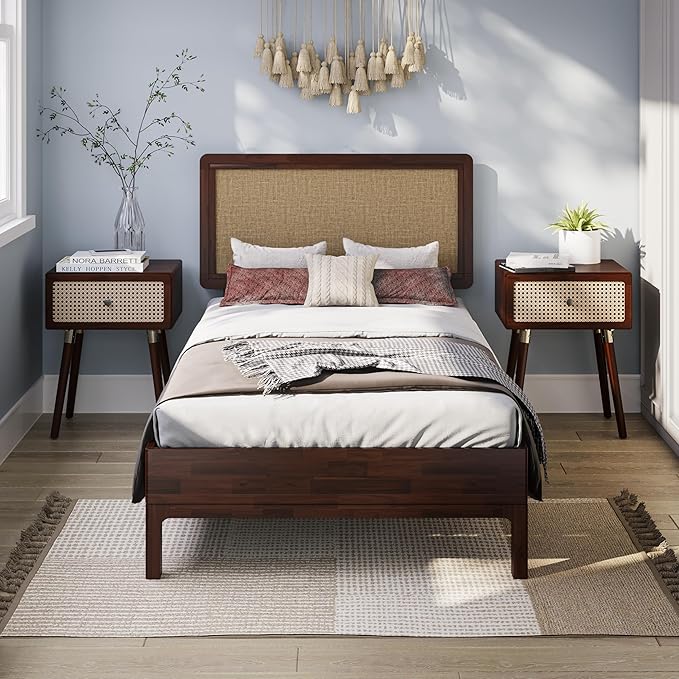 Bme Nipe 14 Inch Deluxe Bed Frame with Adjustable Headboard - Rustic & Bohemian Unique Style with Acacia Wood - No Box Spring Needed - 12 Strong Wood Slat Support - Easy Assembly - Twin, Walnut