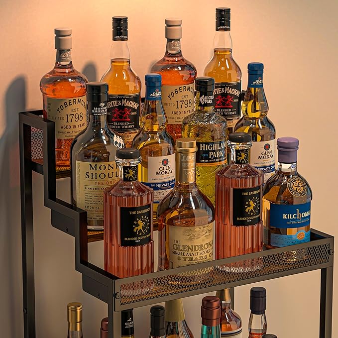 Tiered Liquor Stand with Bar Cabinet for Home, Large-Capacity Wine Rack Freestanding Floor, Stepped Display Shelf Featuring Mesh Door Holds Whiskey & Syrup Bottles, Corner Storage Ideal in living room