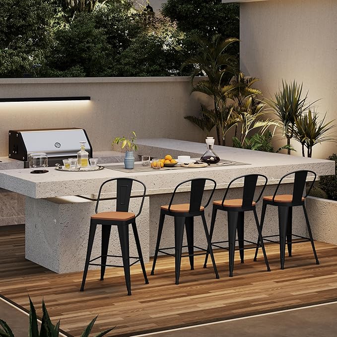 Outdoor Metal Bar Stools Set of 4,24 inch Barstools Counter Height Bar Stool with High Back Farmhouse Kitchen Dining Chairs Bar Funiture for Outside
