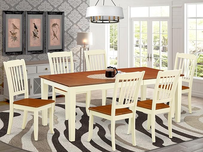 East West Furniture QUDA7-BMK-W 7 Piece Dining Table Set Consist of a Rectangle Wooden Table with Butterfly Leaf and 6 Dining Room Chairs, 40x78 Inch, Buttermilk & Cherry