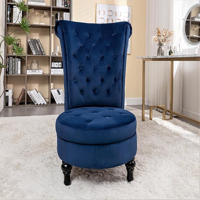 Container Furniture Direct Royal High-Back Velvet Accent Chair for Vanity with Storage and Luxurious Upholstery, Retro Design and Versatile Usage for Living Room, Bedroom, Lounge and Office, Dark Blue