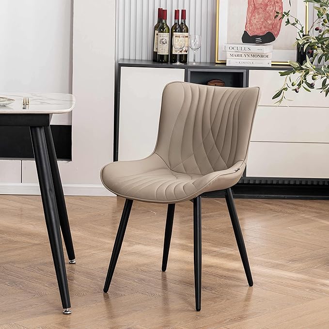 YOUTASTE Dining Chairs Set of 2 Upholstered Mid Century Modern Kitchen Dining Room Chairs Armless Faux Leather Accent Chairs Metal Vanity Lounge Chair with Back for Living Room Bedrooms,Khaki