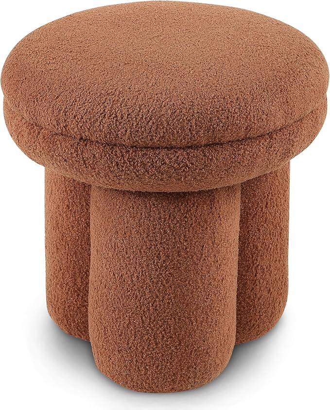 Furniture of America Rami Modern 18-inch Mushroom-Shape Upholstered Ottoman with Tri-Pillar Pedestal, Vanity Stool Chair, Small Foot Stool for Bedroom, Living Room, Entryway, Saddle Brown