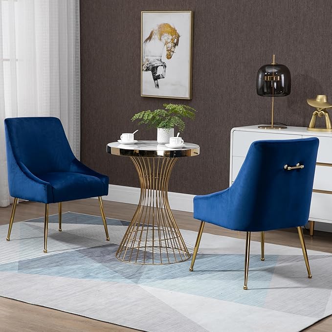Modern Velvet Dining Chairs Set of 4, Contemporary Upholstered Furniture Collection with Polished Gold Metal Legs, Elegant Accent Chairs for Kitchen Living Room(Blue)