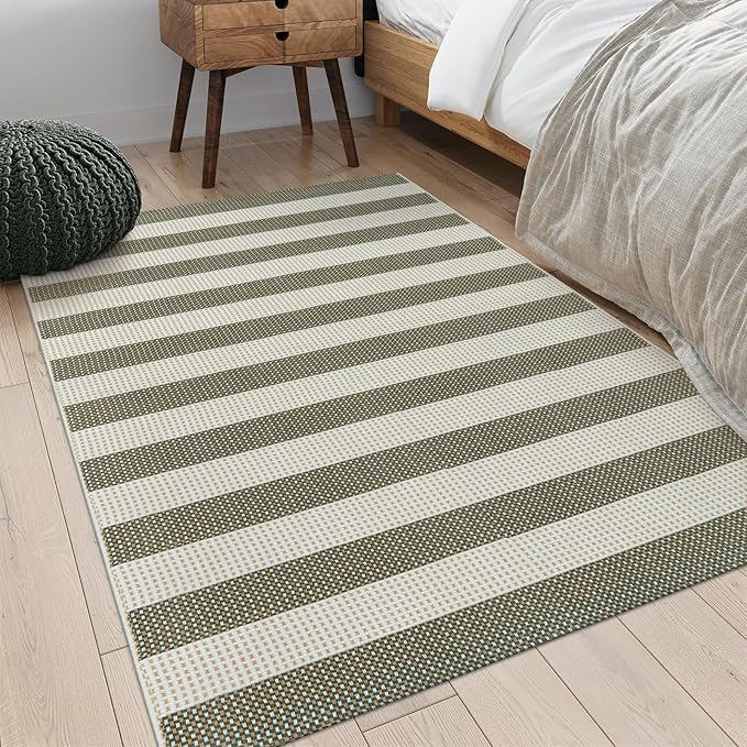 OJIA Striped Outdoor Area Rug 4'x6' Washable Patio Rugs Cotton Woven Living Room Rug Farmhouse Indoor Outdoor Rugs Large Floor Carpet for Courtyard/Bedroom/Entryway (Green/White/Tan)