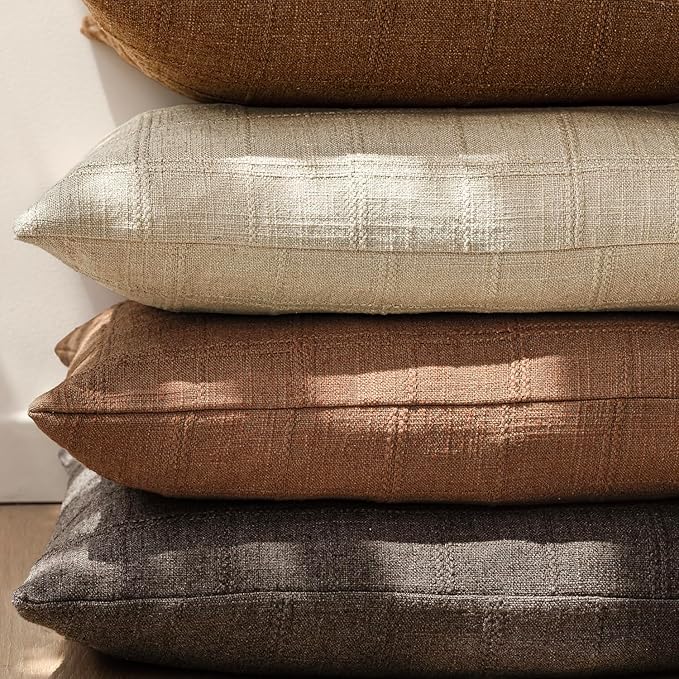 Foindtower Set of 2 Decorative Linen Check Throw Pillow Covers Neutral Farmhouse Vintage Cushion Covers Modern Boho Home Decor for Sofa Chair Couch Bedroom Living Room Outdoor,18×18 Inch,Dark Brown
