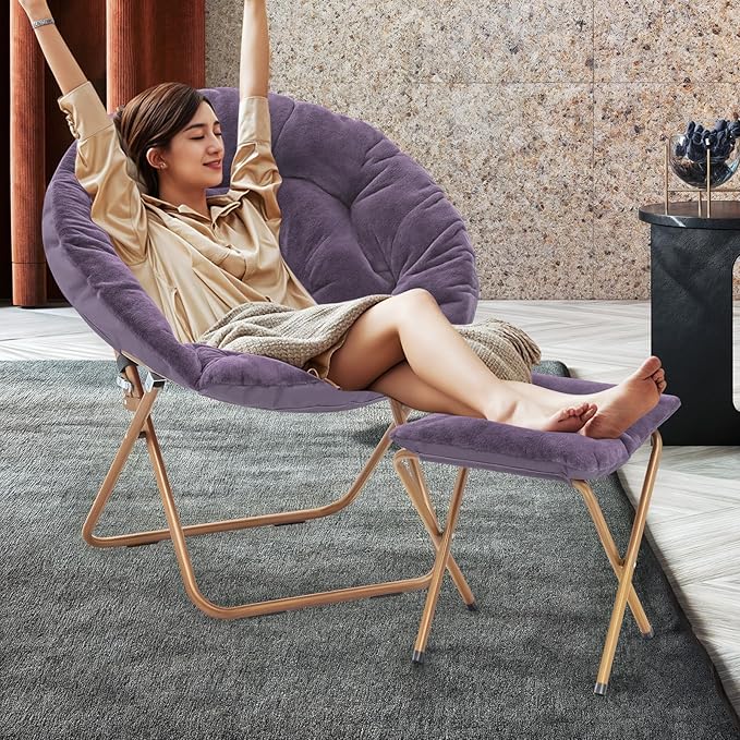 MoNiBloom Round Folding Faux Fur Saucer Chair for Bedroom Living Room Dorm Foldable Metal Frame Oversized Large Comfy Furry Padded Soft Cozy Moon Chair with Footrest Ottoman for Adults (Purple)