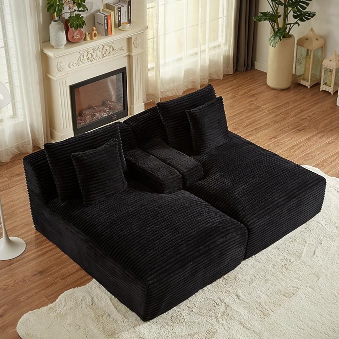 ERYE 79" Oversized Double Chaise Lounge Indoor Sleeper Recliner Sofabed with 4 Pillows, Fluffy Corduroy Loveseat Sleeper Chaise Daybed 2 Pieces Boneless Chair Sofa Bed for Living Room Bedroom Reading