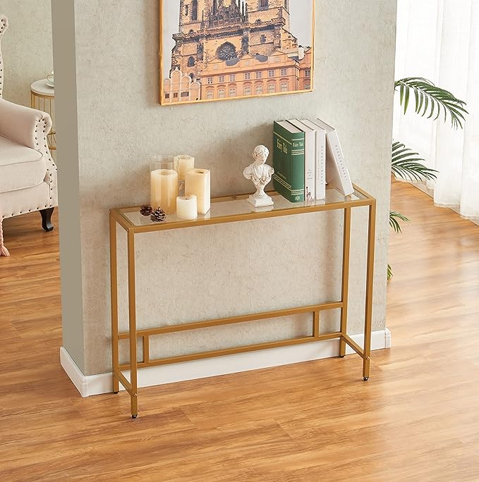 MAJARO Small Modern Console Table for Entryway, Tempered Glass with Metal Frame Sofa Table for Living Room, Hallway, Office (Single-Layer, Gold)