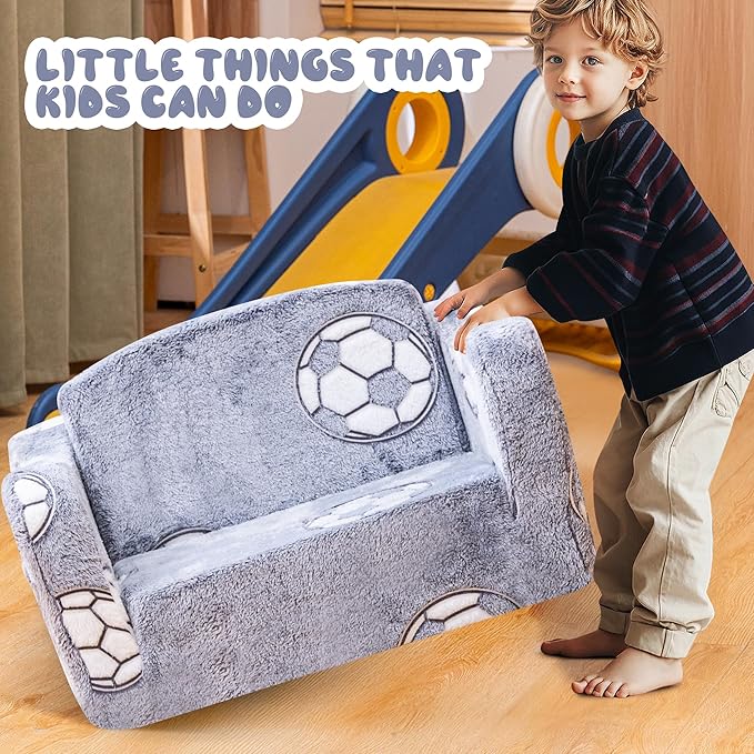 Lamerge 2-in-1 Toddler Couch,Glow in The Dark Baby Floor Bed,Foldable Toddler Chair Kids Sofa for playroom,Convertible Sofa to Lounger for Girls and Boys (Grey and Football)