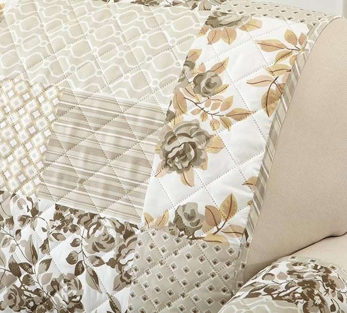 Great Bay Home Patchwork Scalloped Printed Furniture Protector Stain Resistant Loveseat Cover (Loveseat, Taupe)