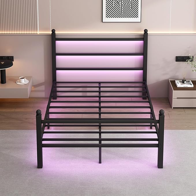 Full Size Bed Frame with Headboard and Footboard,Steel Slats Support-LED Bed Frame with USB Charging Station,Mattress Foundation-Under Bed Storage, No Box Spring Needed,Noise Free,Black