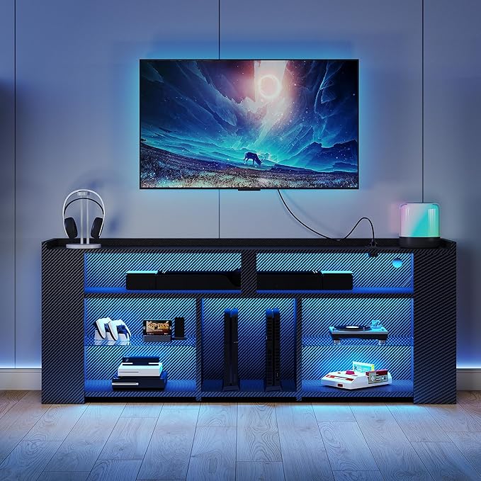 IRONCK Entertainment Center with Storage, 55 Inch Tall TV Stand W/Power Outlet, LED Gaming TV Cabinet for PS4, Black TV Stand with Carbon Fiber