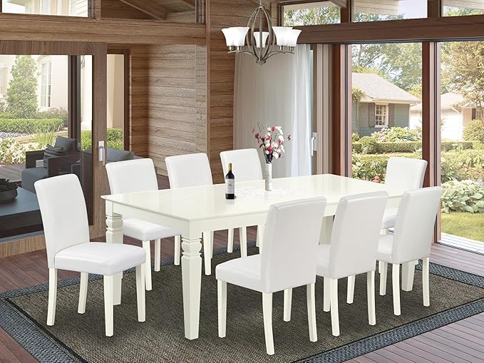 East West Furniture LGAB9-LWH-64 9 Piece Dining Table Set Includes a Rectangle Kitchen Table with Butterfly Leaf and 8 White Faux Leather Upholstered Chairs, 42x84 Inch, Linen White