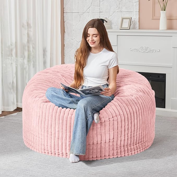 HABUTWAY 3FT Bean Bag Chair, 3' Large Bean Bag Chairs for Adults with Removable Stripe Plush Cover, Memory Foam Beanbag Chair for Living Room Bedroom Dorm (Tender Pink)