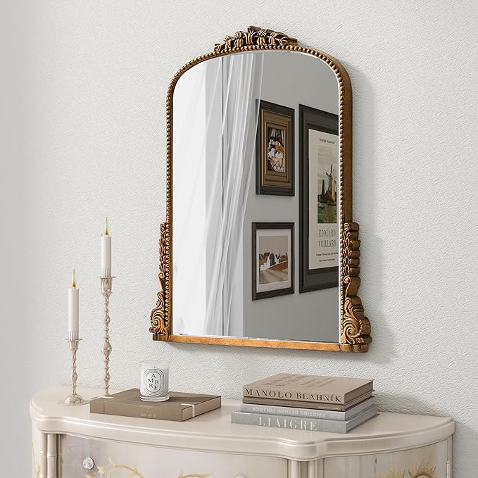 SHYFOY Antiqued Wall Mirror Decorative Vintage Mirrors for Wall Decor, Baroque Wall Mirrors Ornate Arch Mantel Mirror for Living Room Entryway Powder Room, Bronze Dark-Gold Wall Decor, MDF Backing