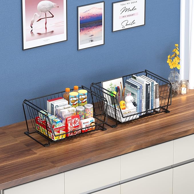 PUSDON 4-Tier Stackable Metal Storage Baskets, Anti-Rust Fruit Vegetable Rack, Dual Use Shelf for Kitchen, Home & Office, Black