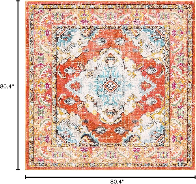 SAFAVIEH Monaco Collection Area Rug - 6'7" Square, Orange & Light Blue, Boho Chic Medallion Distressed Design, Non-Shedding & Easy Care, Ideal for High Traffic Areas in Living Room, Bedroom (MNC243H)