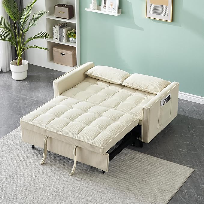 Ball & Cast Convertible Sofa Bed,Pull Out Loveseat Sleeper Sofa,Convertible Pull Out Couch W/ 2 Pillows,Adjustable Backrest & Side Pocket,Corduroy Futon Couches for Living Room,Apartment,Beige,54"