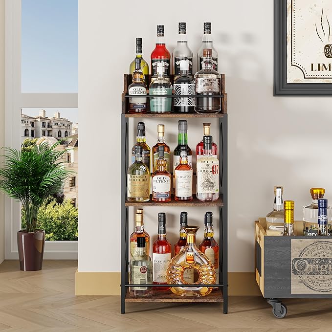 KLM Liquor Bottle Display Shelf, Coffee Syrup Rack Organizer, 3 Step Countertop Wine Rack, Mini Bar, Retro Bar Shelf Stand for Whiskey, Spirits