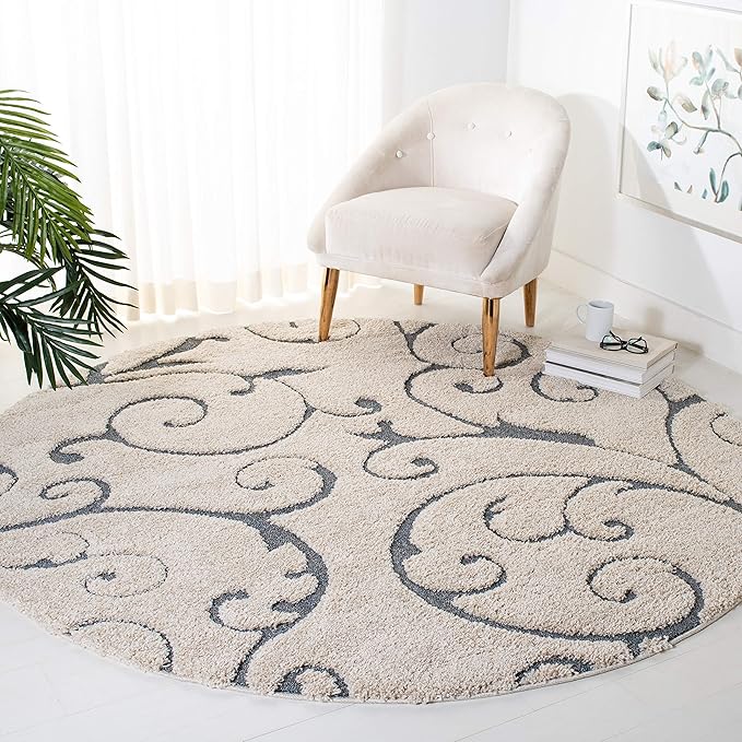 SAFAVIEH Florida Shag Collection Area Rug - 6'7" Round, Beige & Blue Grey, Scroll Design, Non-Shedding & Easy Care, 1.2-inch Thick Ideal for High Traffic Areas in Living Room, Bedroom (SG455-1155)