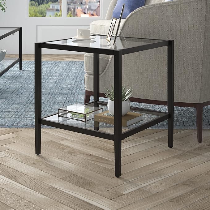 Henn&Hart 20" Wide Square Side Table with Glass Shelf in Blackened Bronze, Table for Living Room, Bedroom