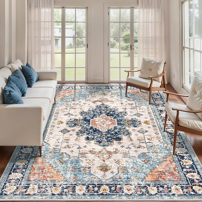 Tangsoo 8x10 Area Rug for Living Room, Washable Vintage Indoor Non Slip Large Area Rugs, Print Distressed Blue/Beige Carpet, Soft Low Pile Foldable Floor Rug for Bedroom Dining Room Dorm