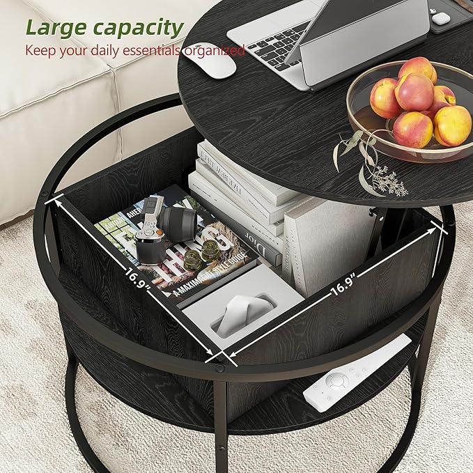 Round Lift Top Coffee Table,Coffee Tables Living Room,Black Coffee Table with Storage Hidden Compartment,Wood Farmhouse Coffee Table Decor,Center Table for Living Room,Modern Coffee Table