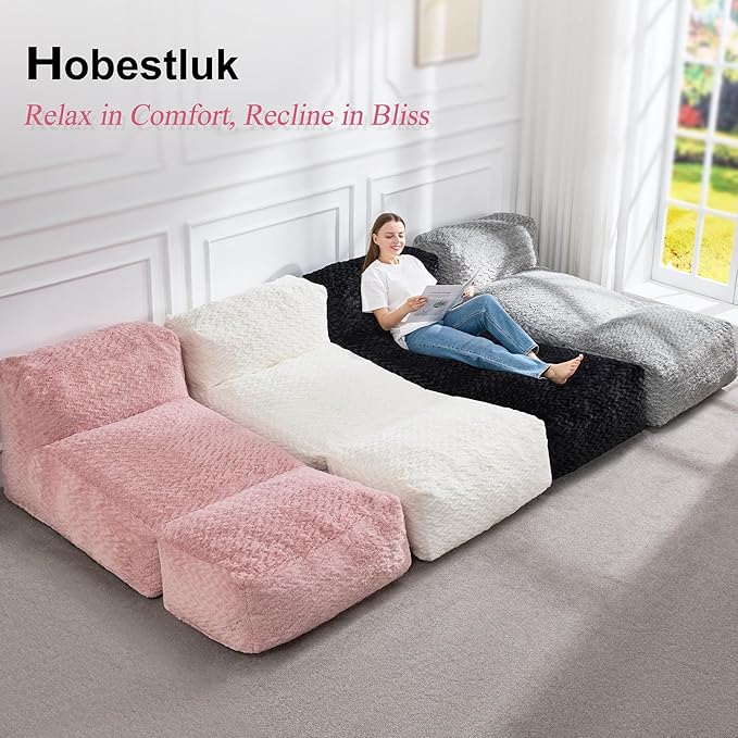 Hobestluk Bean Bag Chair Big Bean Bag Lounger for Adults Bean Bag Couch with Memory Foam Filled for Living Room, Bedroom or Balcony (Chevron Plush Pink)