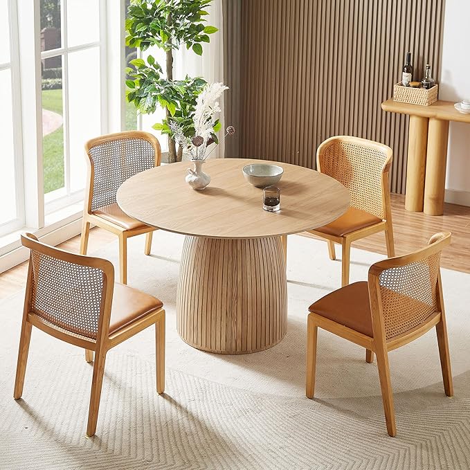 Wooden Kitchen Round Dining Table for 4-6, Round Kitchen Table with Circular Tabletop with Wood Pedestal Base, Rustic Farmhouse Furniture