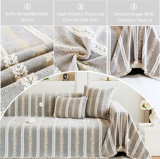 Couch Cover for Dogs Washable Sofa Cover, Sectional Couch Covers, Sofa Covers for 2 Cushion Couch, Non Slip Stripe Sofa Slipcovers Furniture Protector, Couch Protector from Cat Claws, Light,75''x118''