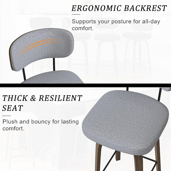 Swivel Counter Height Bar Stools with Back Set of 2, 26" Fabric Upholstered Kitchen Bar Stools with Wood Legs and Metal Footrest for Kitchen Island (Grey Fabric)