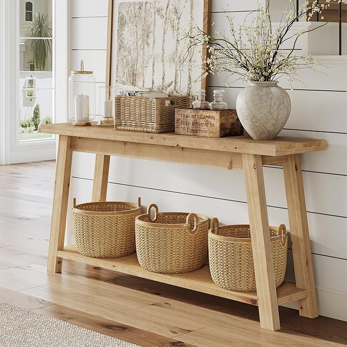 LITTLE TREE 70.9" Solid Wood Console Table for Entryway, 2-Tier Sofa Table Behind Couch, Farmhouse Entryway Table for Living Room, Bedroom, Foyer