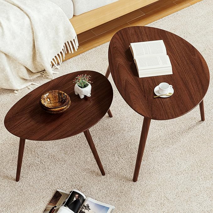 Small Oval Coffee Table, 25.6'' Small Mid Century Modern End Table for Living Room, 100% Solid Oak Wood Side Table, Minimalist Display Center Table(Walnut Color, 25.59''Wx17.51''Dx19.68''H)