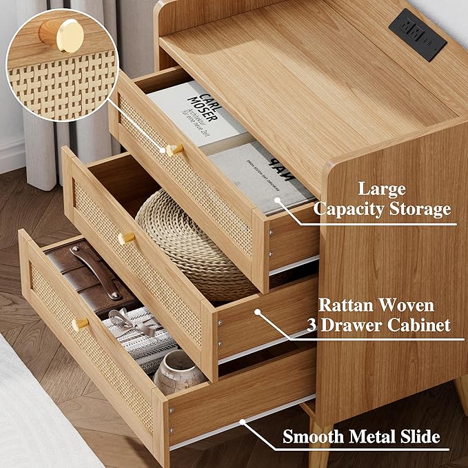 Rattan Nightstand with Charging Station, Night Stand with 3 Large Drawers, Side Table with USB Ports and Outlets, Bedside End Table for Bedroom