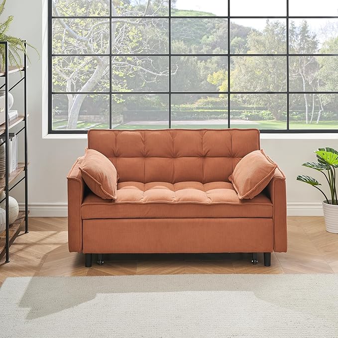 Ball & Cast Convertible Sofa Bed,Loveseat Sleeper Sofa W/Pull-Out Bed,Convertible Pull Out Couch W/2 Pillows,Adjustable Backrest&Side Pocket,Corduroy Futon Couches for Living Room,Apartment,Orange,54"
